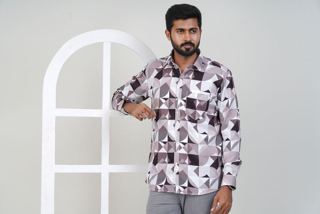 Freeco Designer Geometric Print Shirt – Full Sleeve (Mauve & Black)