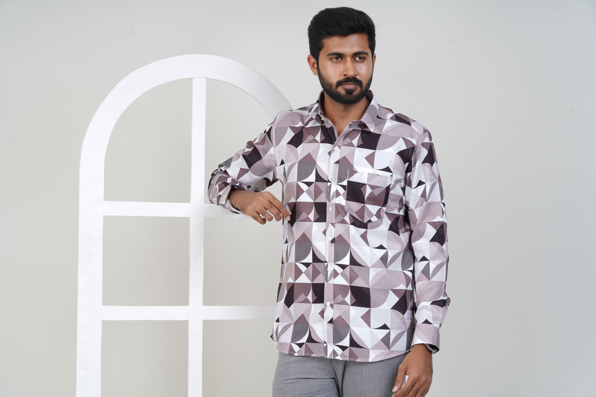 Freeco Designer Geometric Print Shirt – Full Sleeve (Mauve & Black)