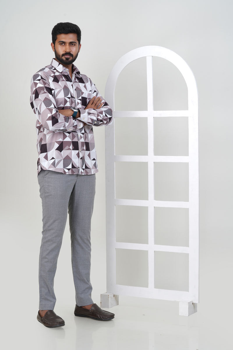 Freeco Designer Geometric Print Shirt – Full Sleeve (Mauve & Black)