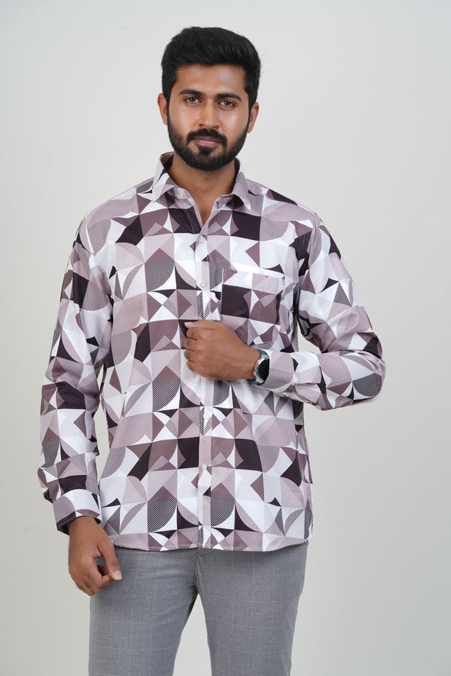 Freeco Designer Geometric Print Shirt – Full Sleeve (Mauve & Black) Hover Image