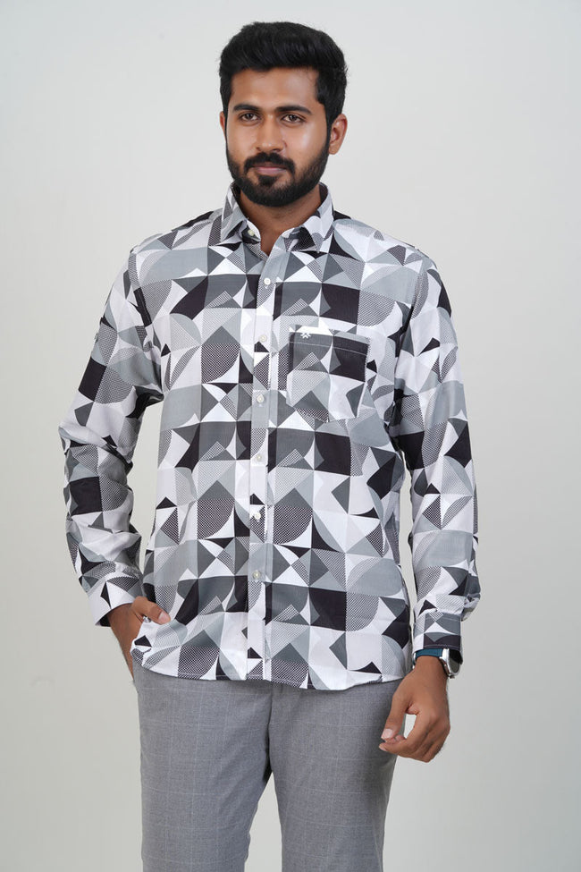 Freeco Abstract Geometric Printed Formal Shirt – Full Sleeve (Grey & Black) Hover Image