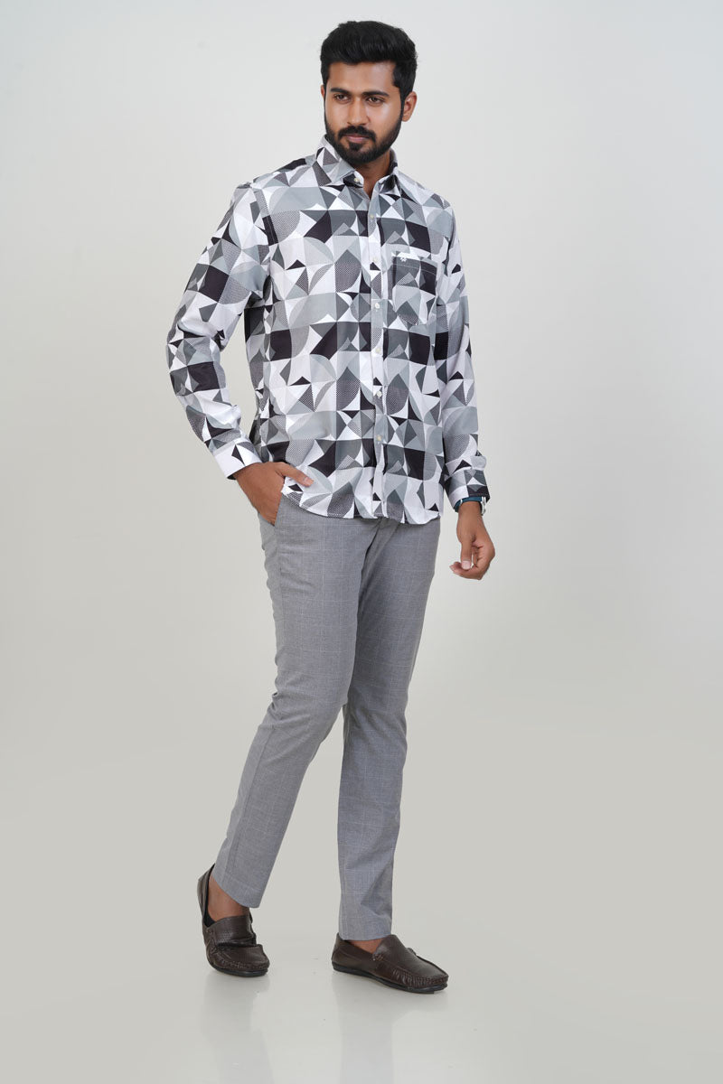 Freeco Abstract Geometric Printed Formal Shirt – Full Sleeve (Grey & Black)