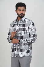 Freeco Abstract Geometric Printed Formal Shirt – Full Sleeve (Grey & Black)