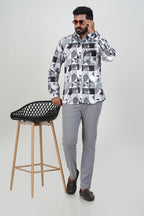 Freeco Abstract Geometric Printed Formal Shirt – Full Sleeve (Grey & Black)