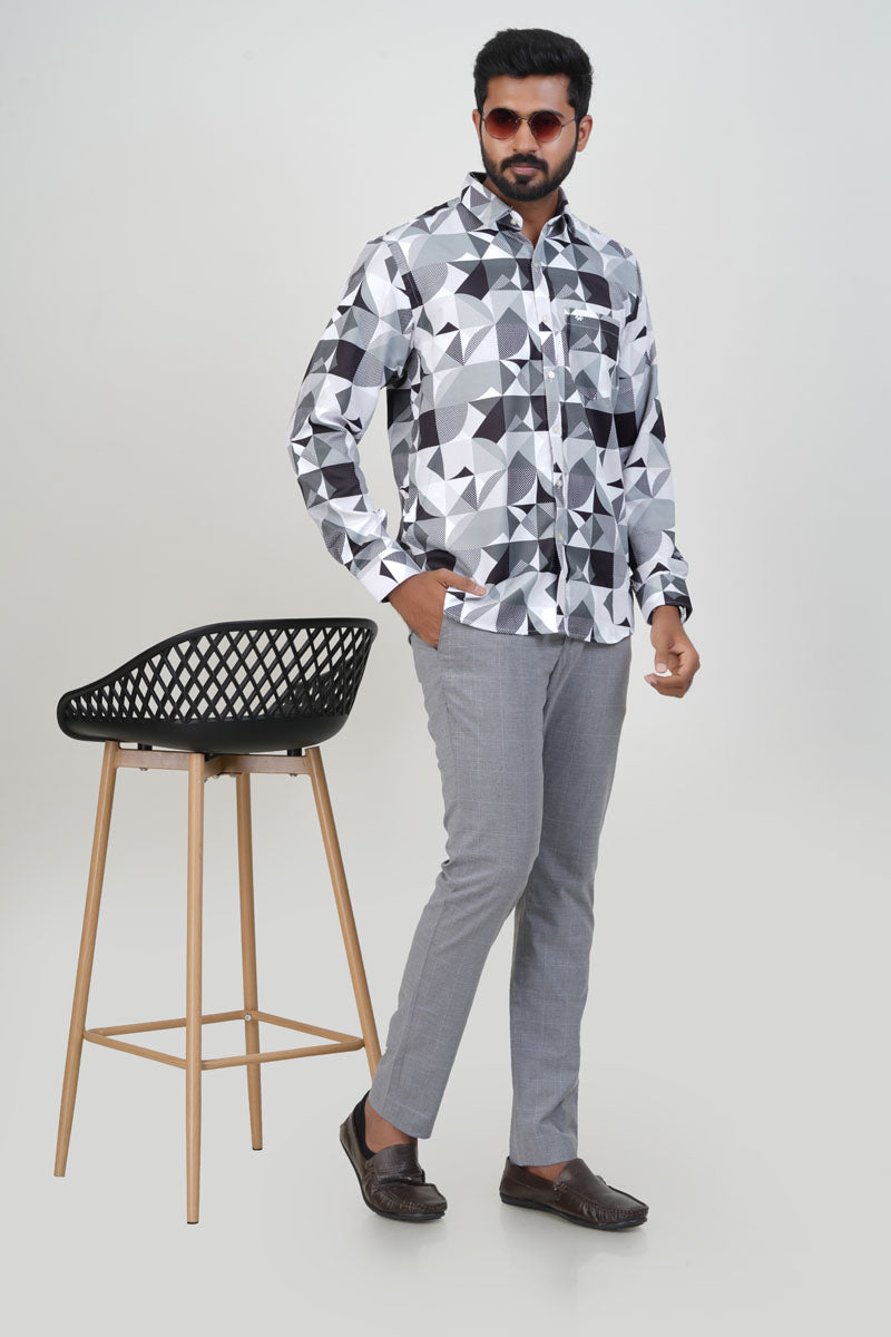 Freeco Abstract Geometric Printed Formal Shirt – Full Sleeve (Grey & Black)