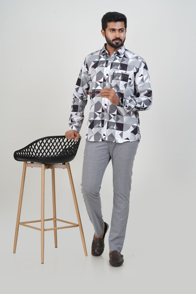 Freeco Abstract Geometric Printed Formal Shirt – Full Sleeve (Grey & Black)
