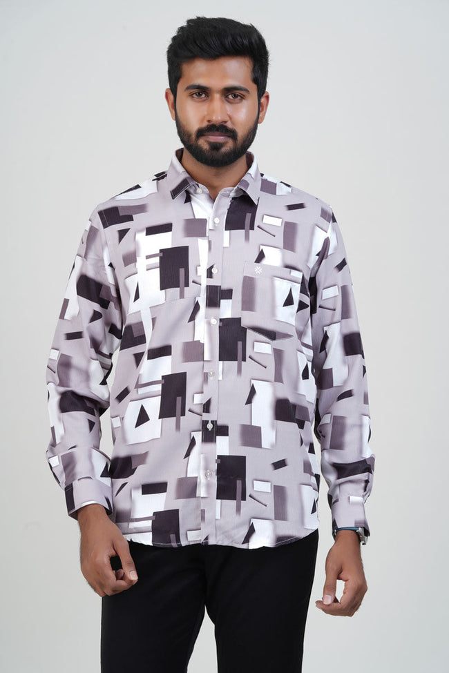 Freeco Geometric Printed Formal Shirt – Full Sleeve (Mauve & Charcoal) Hover Image
