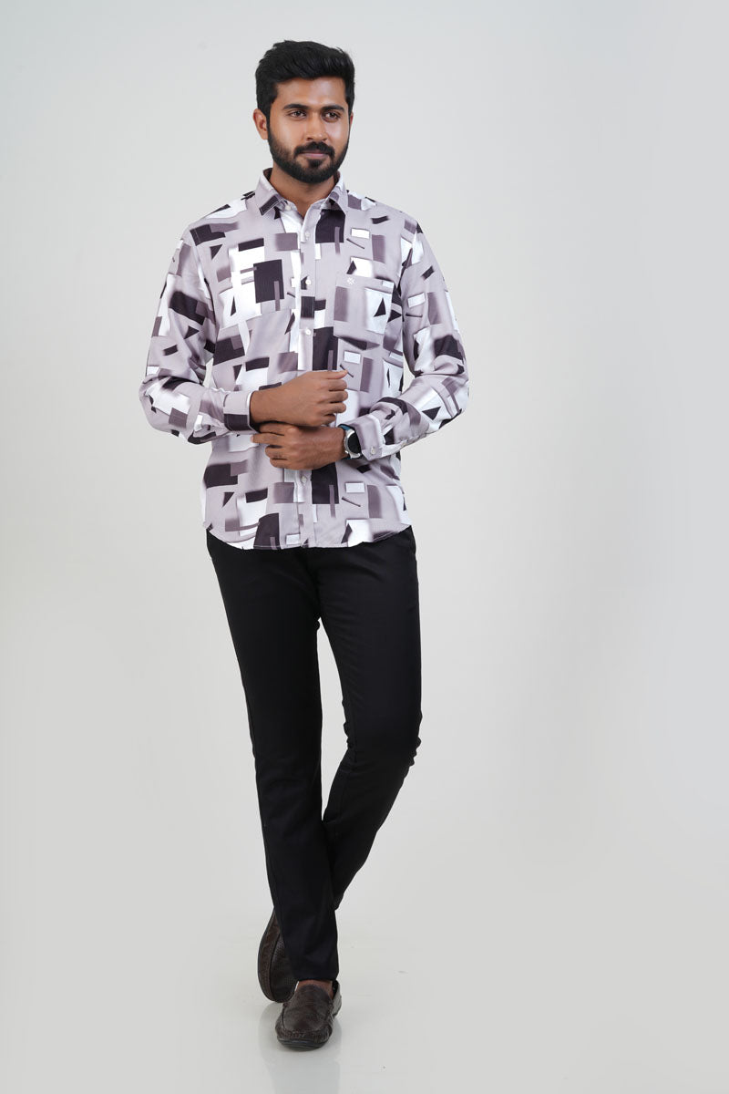 Freeco Geometric Printed Formal Shirt – Full Sleeve (Mauve & Charcoal)