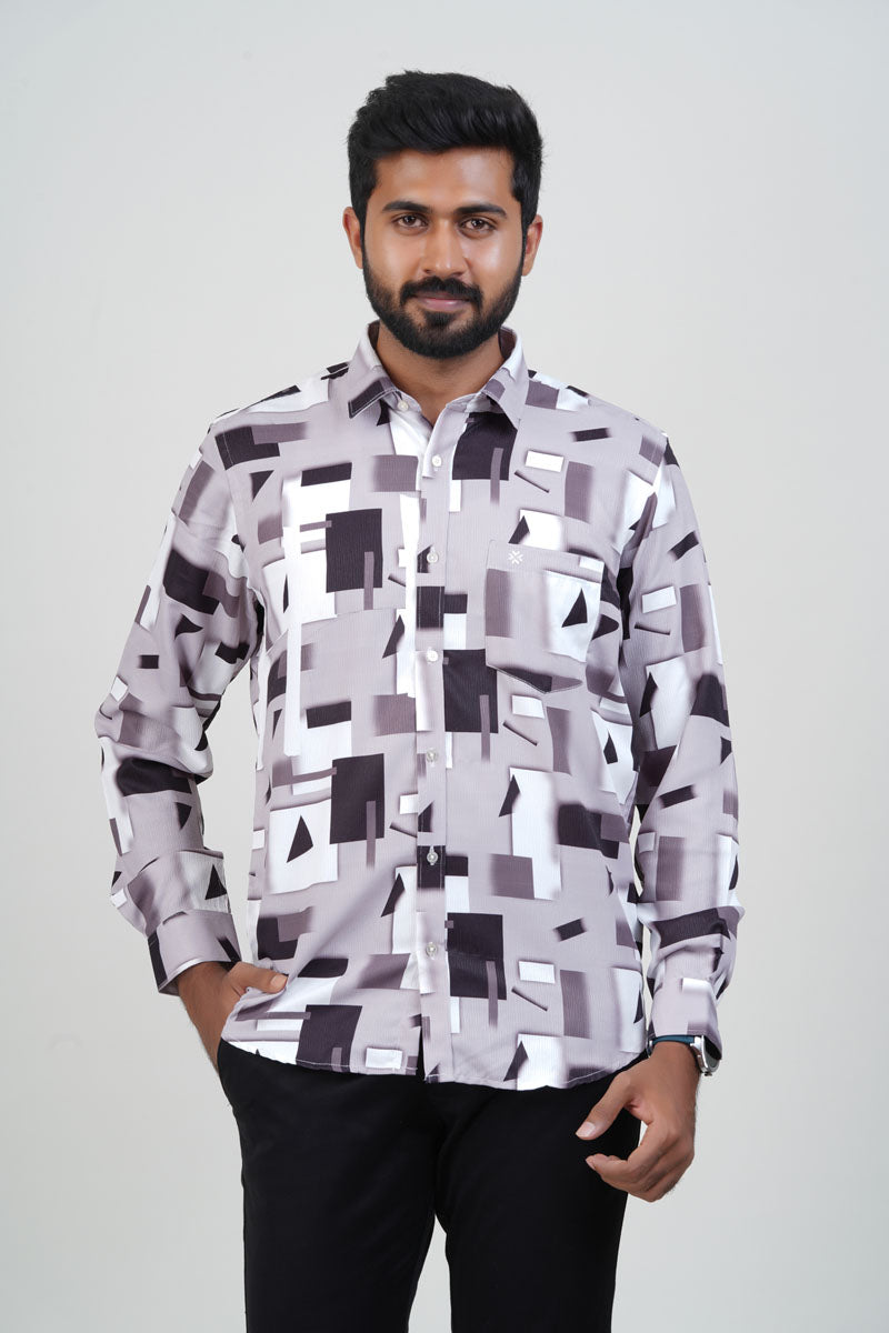 Freeco Geometric Printed Formal Shirt – Full Sleeve (Mauve & Charcoal)