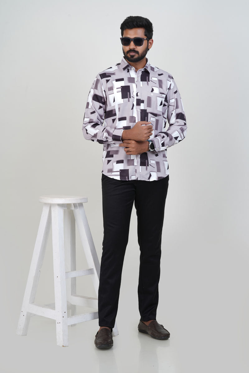 Freeco Geometric Printed Formal Shirt – Full Sleeve (Mauve & Charcoal)