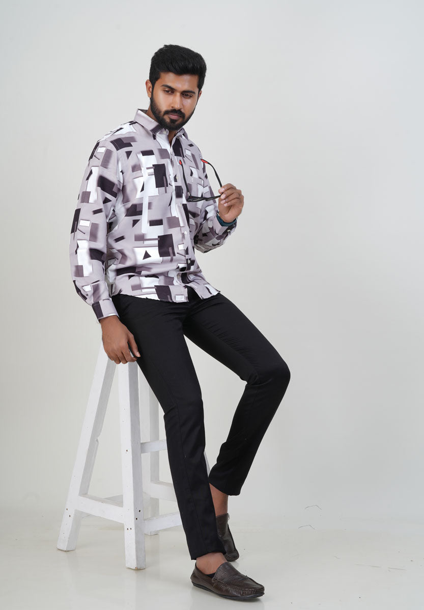 Freeco Geometric Printed Formal Shirt – Full Sleeve (Mauve & Charcoal)