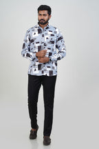 Freeco Geometric Printed Formal Shirt – Full Sleeve (Ice Blue & Charcoal)