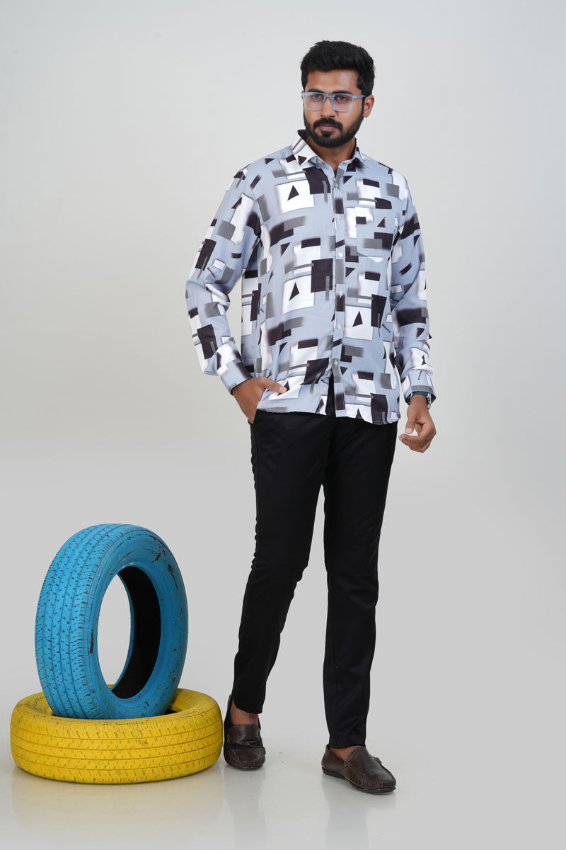 Freeco Geometric Printed Formal Shirt – Full Sleeve (Ice Blue & Charcoal)