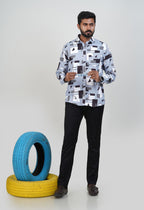 Freeco Geometric Printed Formal Shirt – Full Sleeve (Ice Blue & Charcoal)