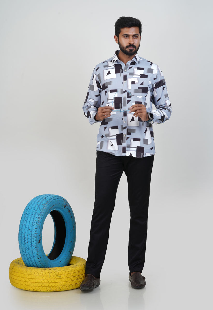 Freeco Geometric Printed Formal Shirt – Full Sleeve (Ice Blue & Charcoal)