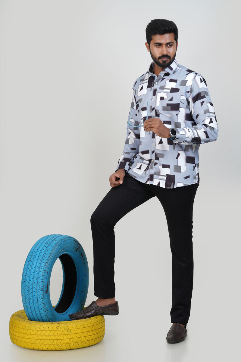Freeco Geometric Printed Formal Shirt – Full Sleeve (Ice Blue & Charcoal)