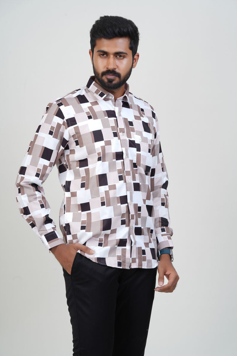 Freeco Geometric Printed Formal Shirt – Full Sleeve (Beige & Brown)