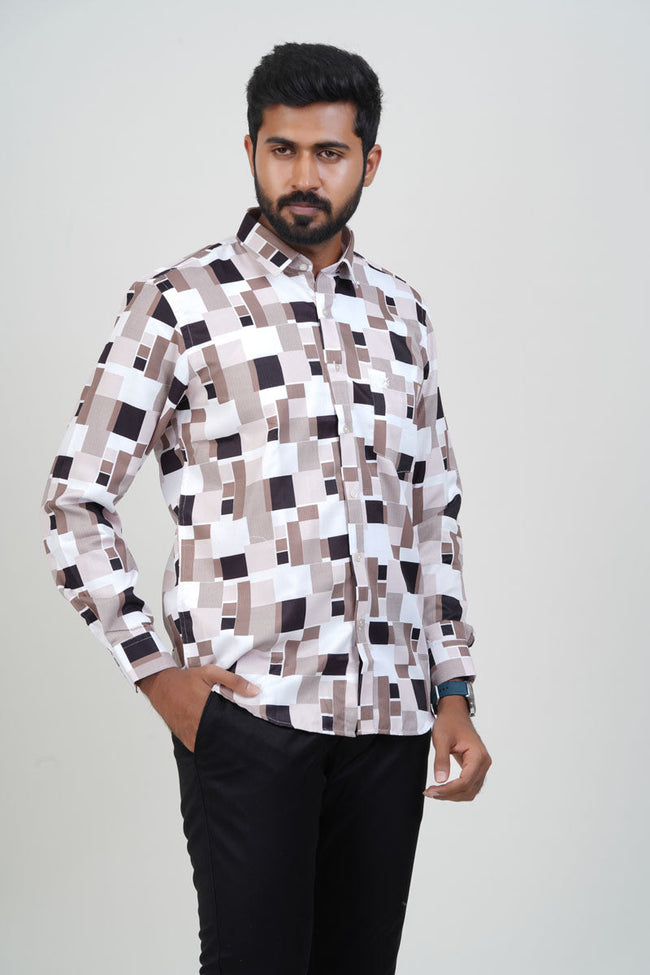 Freeco Geometric Printed Formal Shirt – Full Sleeve (Beige & Brown) Main Image