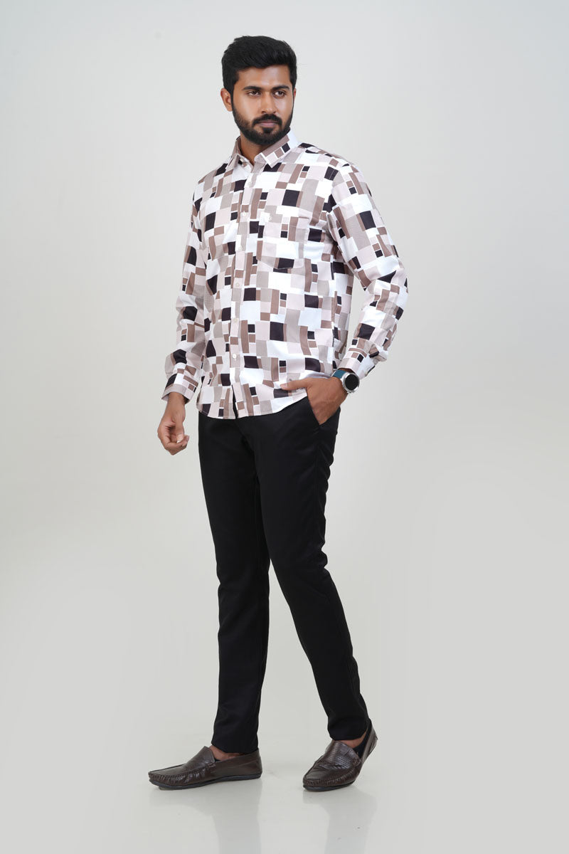 Freeco Geometric Printed Formal Shirt – Full Sleeve (Beige & Brown)