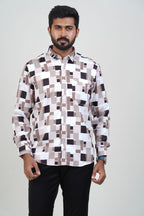 Freeco Geometric Printed Formal Shirt – Full Sleeve (Beige & Brown)