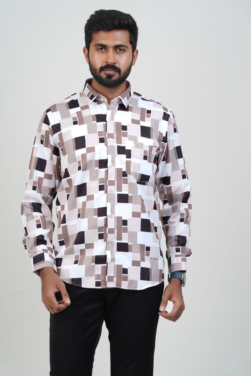 Freeco Geometric Printed Formal Shirt – Full Sleeve (Beige & Brown)