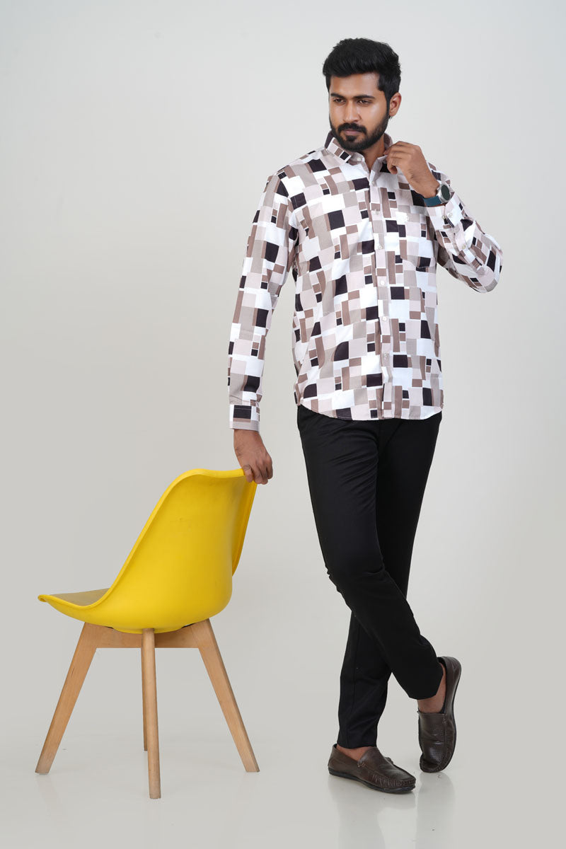 Freeco Geometric Printed Formal Shirt – Full Sleeve (Beige & Brown)