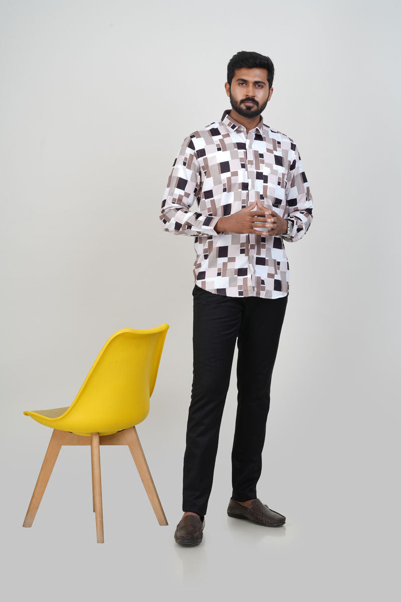 Freeco Geometric Printed Formal Shirt – Full Sleeve (Beige & Brown)