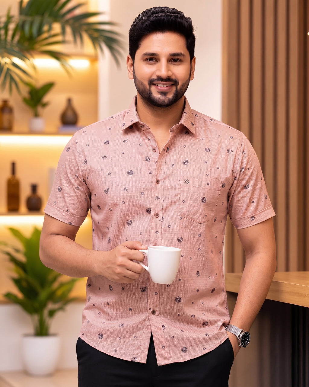 Buy 1 get 1 free - Rixo Printed Shirt - 38 Half Sleeve -   Peach  (16002)