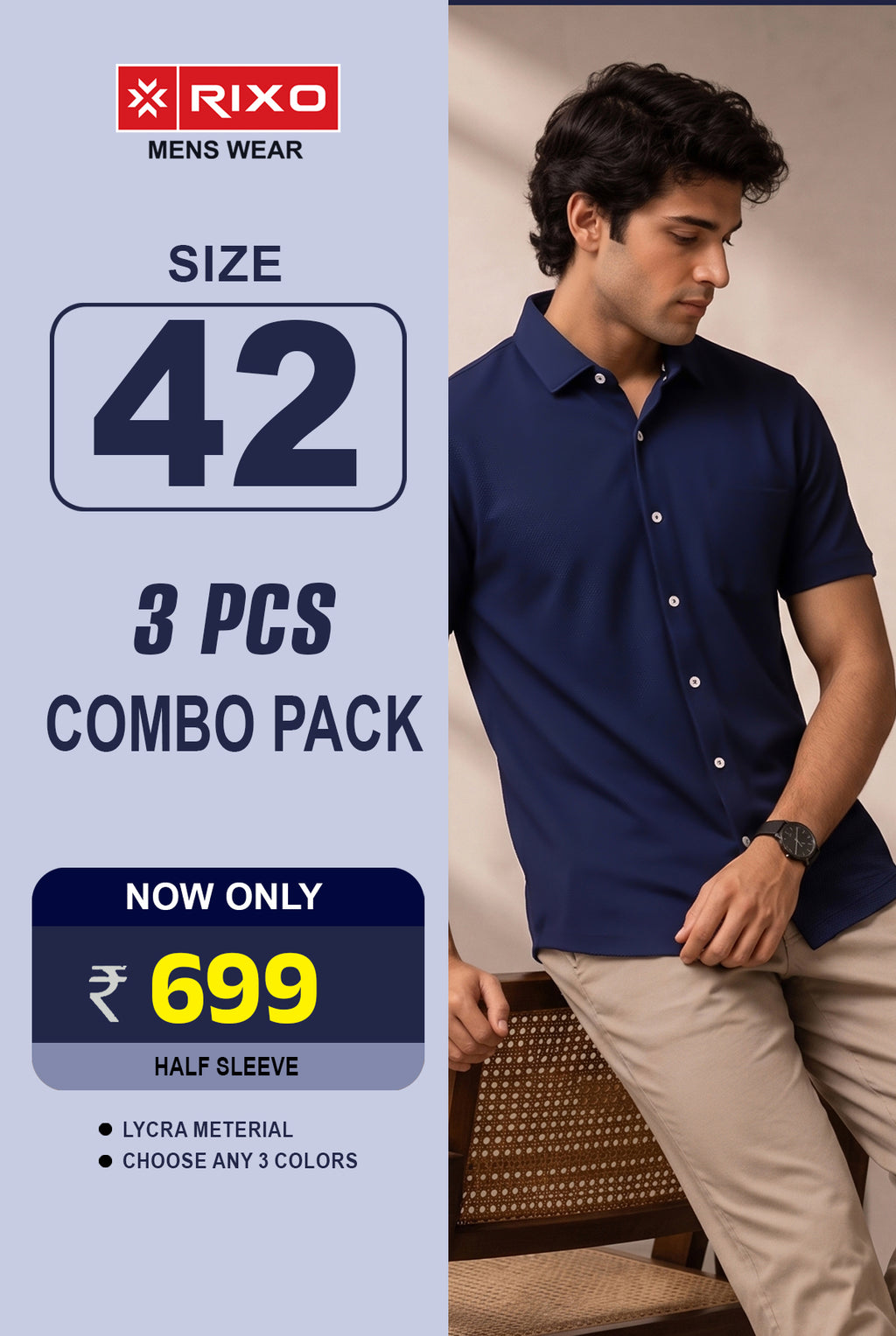 3 Pcs Combo Half Sleeve Lycra Shirts - size 42-