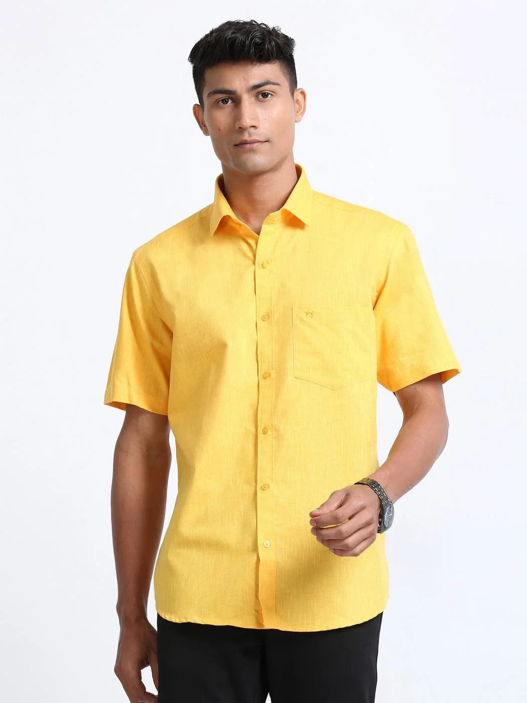 Linen-yellow-colour-half-sleeve-shirt-image