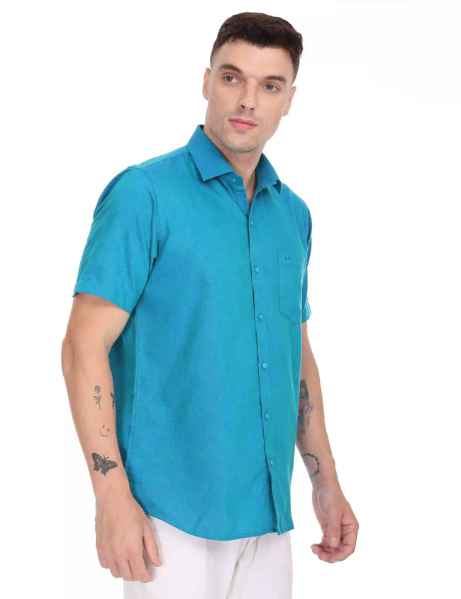Linseed Cotton Blue Colour Half Sleeve Shirt - 17008 Main Image