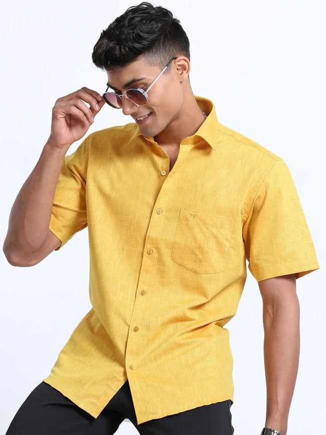 Cotton Linen Gold Colour Half Sleeve Shirt for Men Main Image