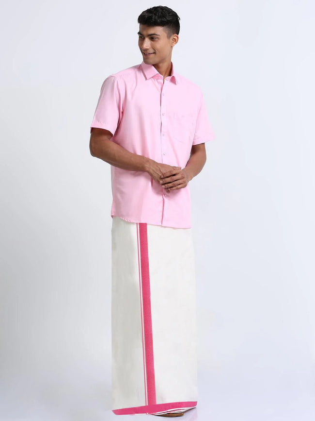 Pink Border Cotton Cream Double Dhothie Main Image
