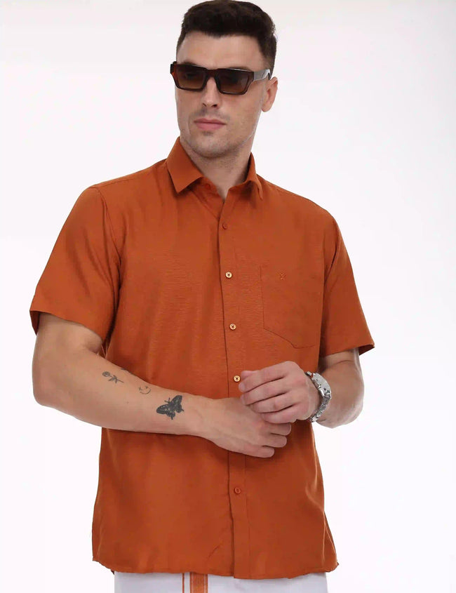 half-sleeve-shirt-for-men-orange-colour-look Hover Image