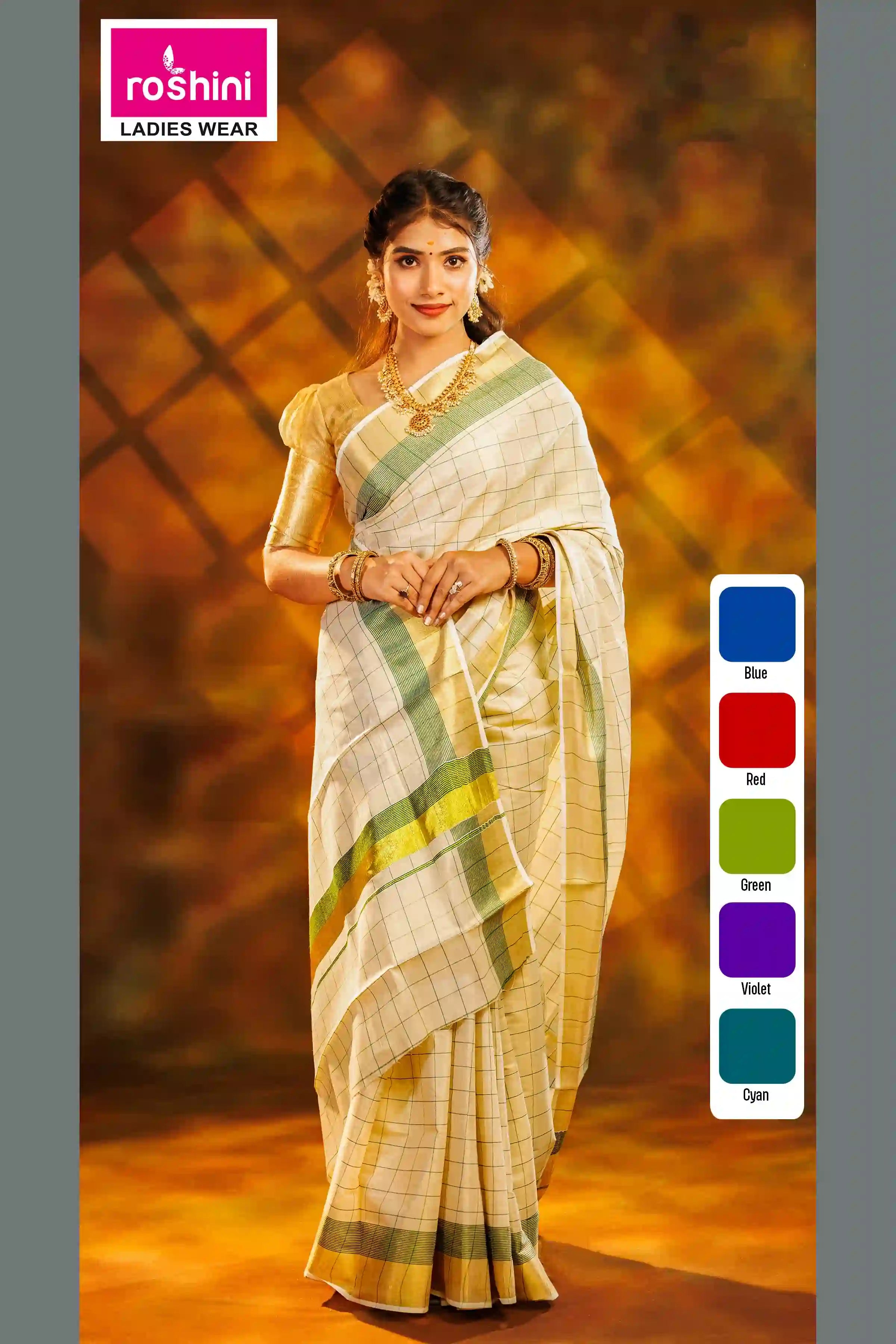 kerala-cream-colour-sarees-online-green-check